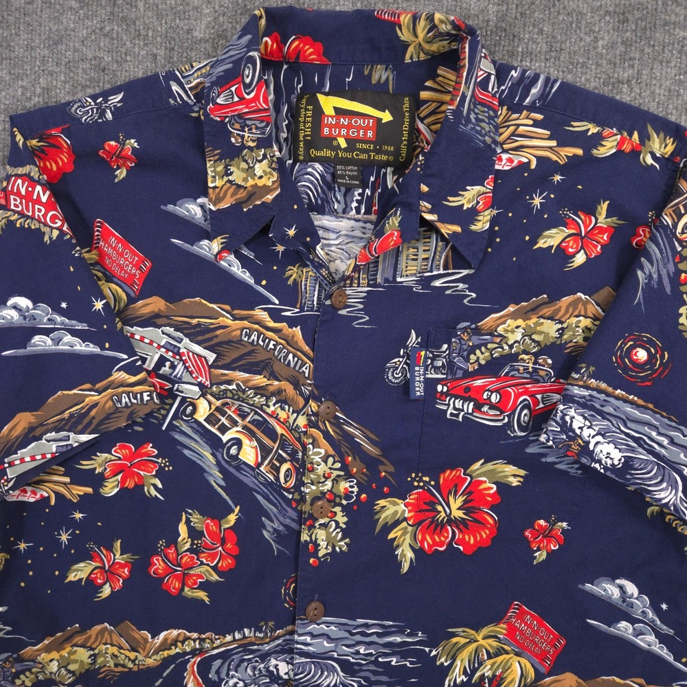 In-N-Out Burger Hawaiian Camp Shirt Mens L Blue Luau Drive Thru AOP Short Sleeve